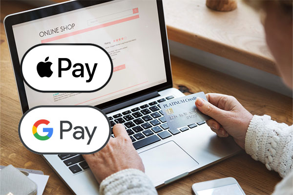 google pay and apple pay logos with laptop